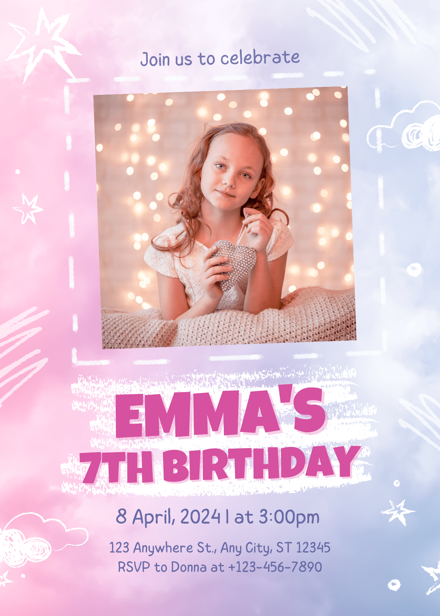 Birthday Sweet Pink Watercolor 7th Birthday Invitation for Celebrating Little Ones Sophisticated Celebration E-Card