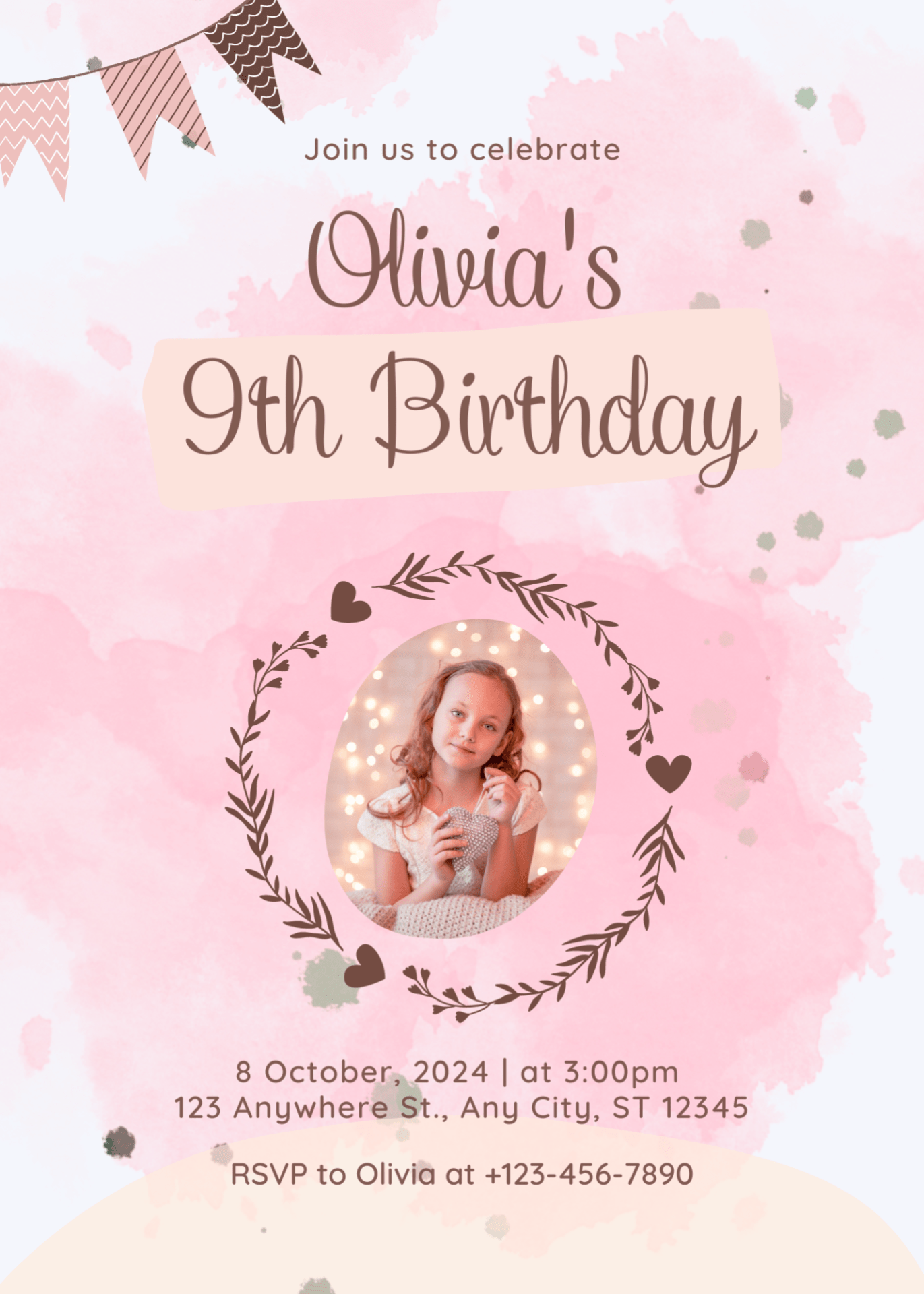 Birthday Adorable Pink Watercolor 9th Birthday Invitation for Your Little Girl High-Quality Video Invite
