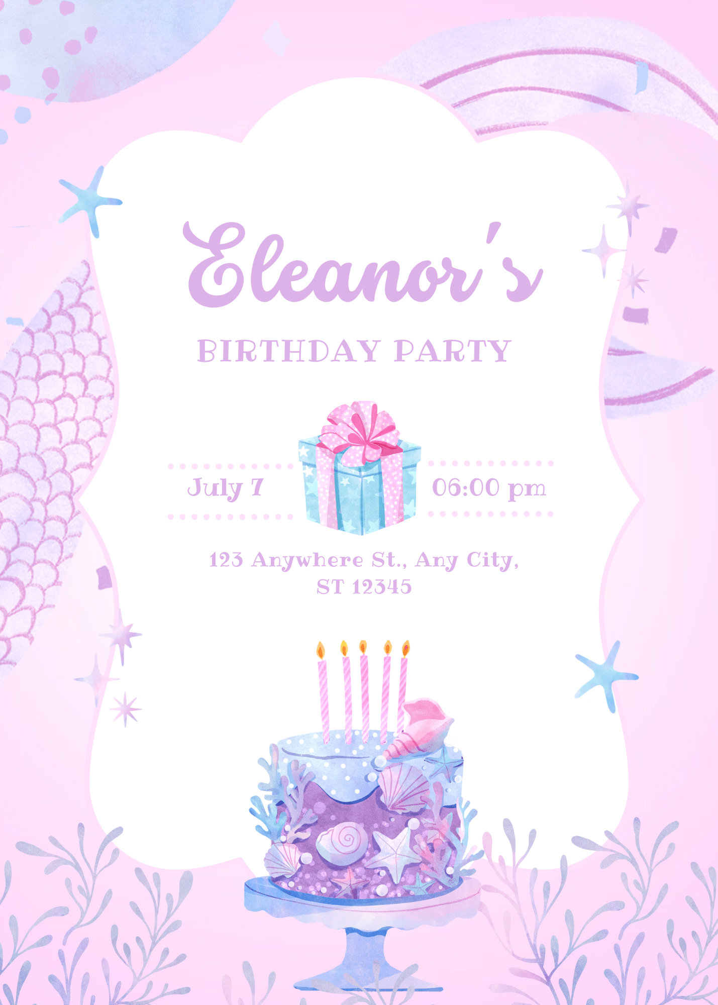 Birthday Enchanting Pink Watercolor Cute Mermaid Birthday Invitation Gold Themed Invitation