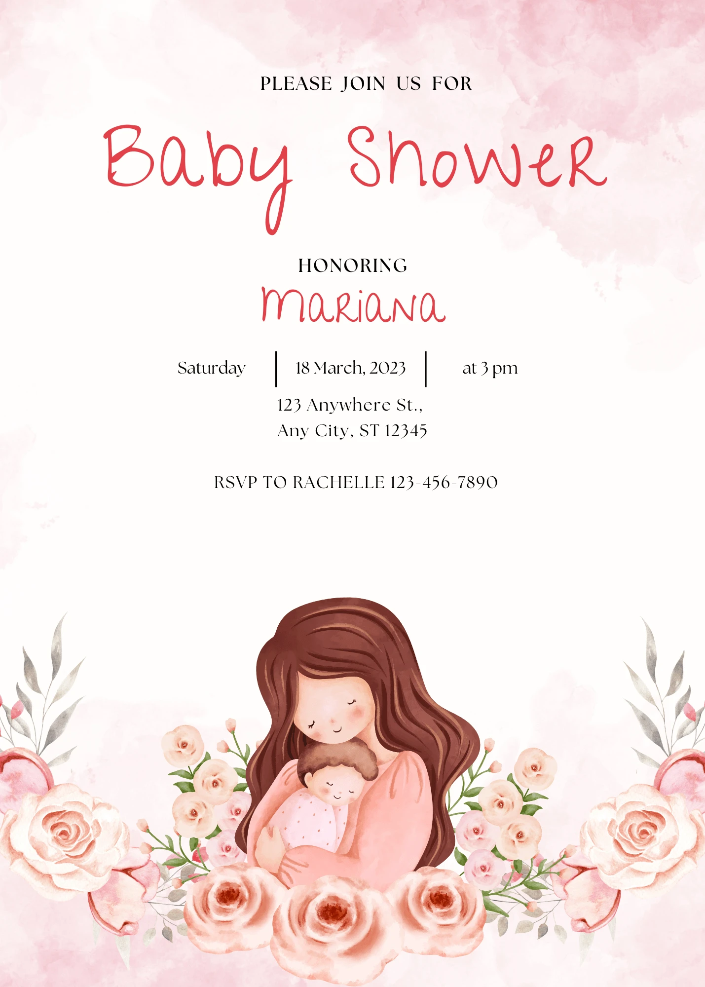 Floral Beautiful Pink Watercolor Floral Baby Shower Invitation High-Quality Video Invite