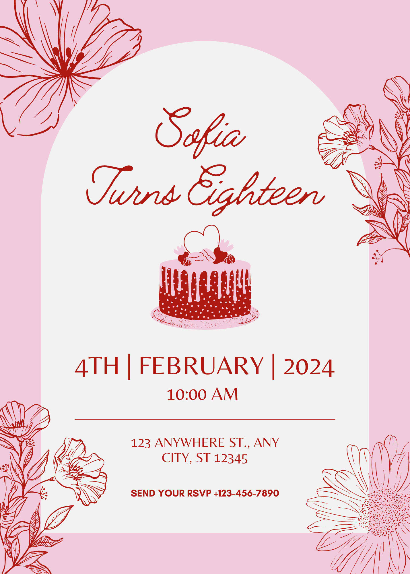 Floral Top Pink and Red Floral 18th Birthday Invitation for Milestone Celebrations Exclusive Birthday E-Card