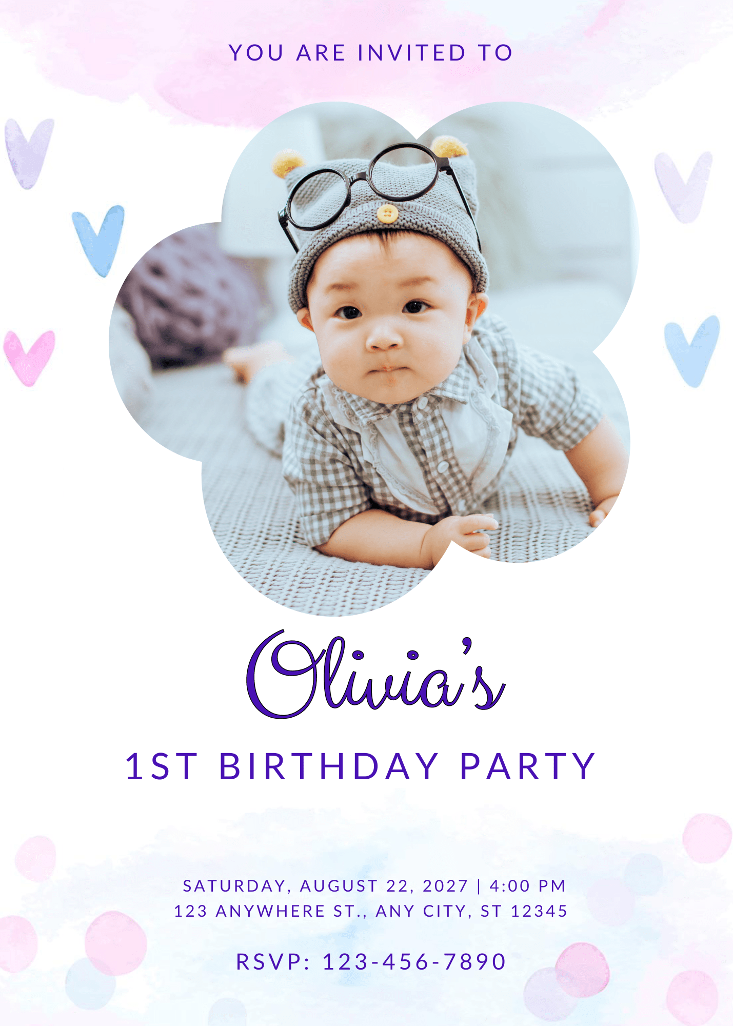 Modern Modern Purple and Blue Watercolor Photo 1st Birthday Invitation for Little Ones Modern Party Invitation