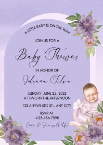 Digital Invitation Purple Watercolor Baby Shower Invitation Personalized WhatsApp Invite