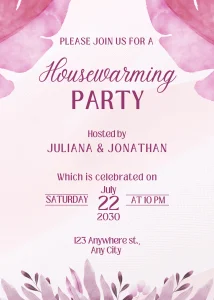 Party Nice Purple and Pink Watercolor Housewarming Party Invitation Interactive Digital Invitation