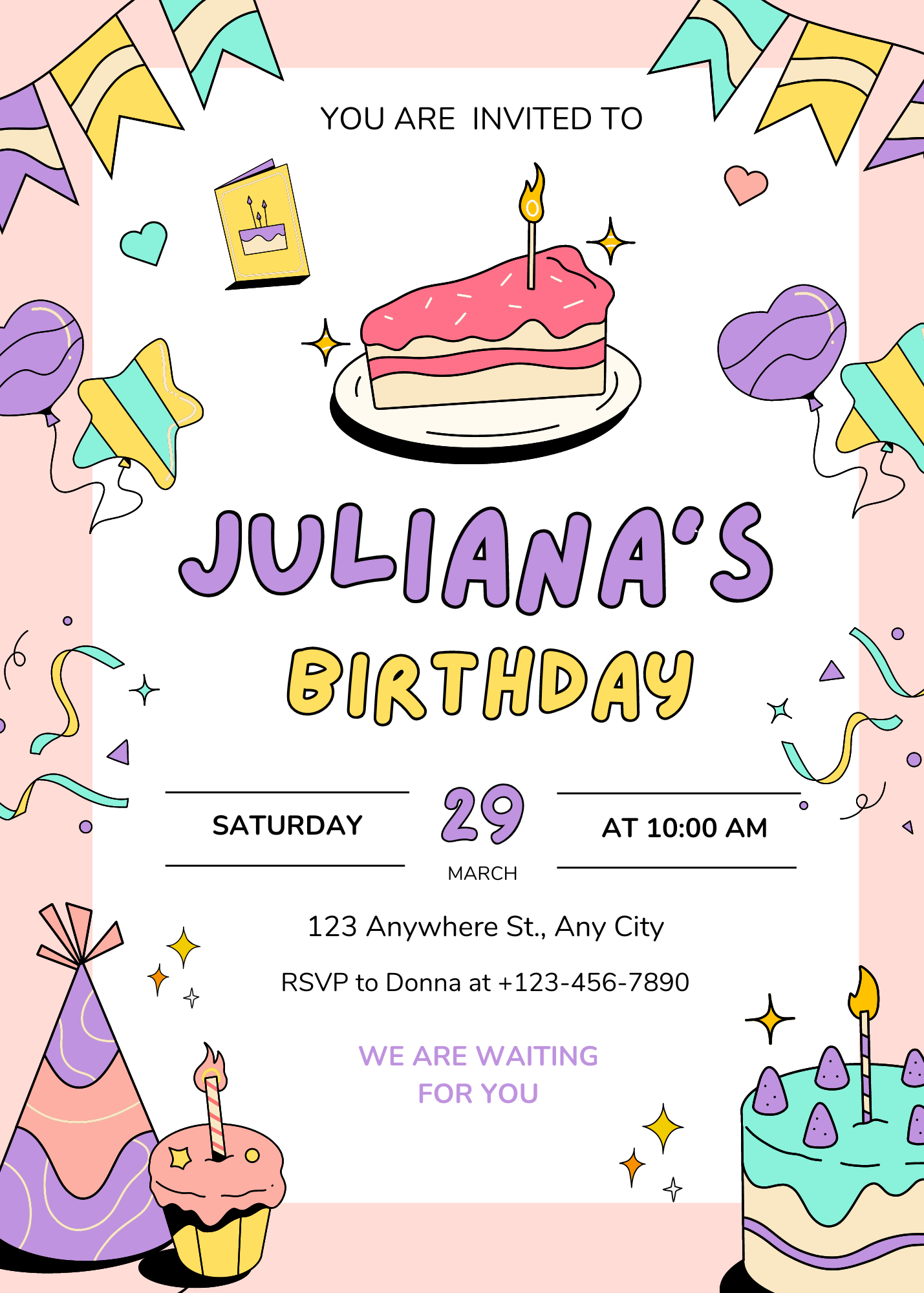 Fun Vibrant Purple and Yellow Illustrated Birthday Party Invitation for Fun Events Interactive Digital Invitation