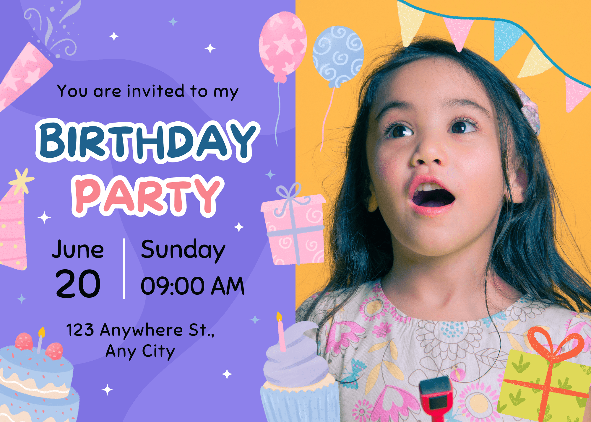 Modern Colorful Purple and Yellow Modern Illustrative Kids Birthday Invitation Exclusive Birthday E-Card