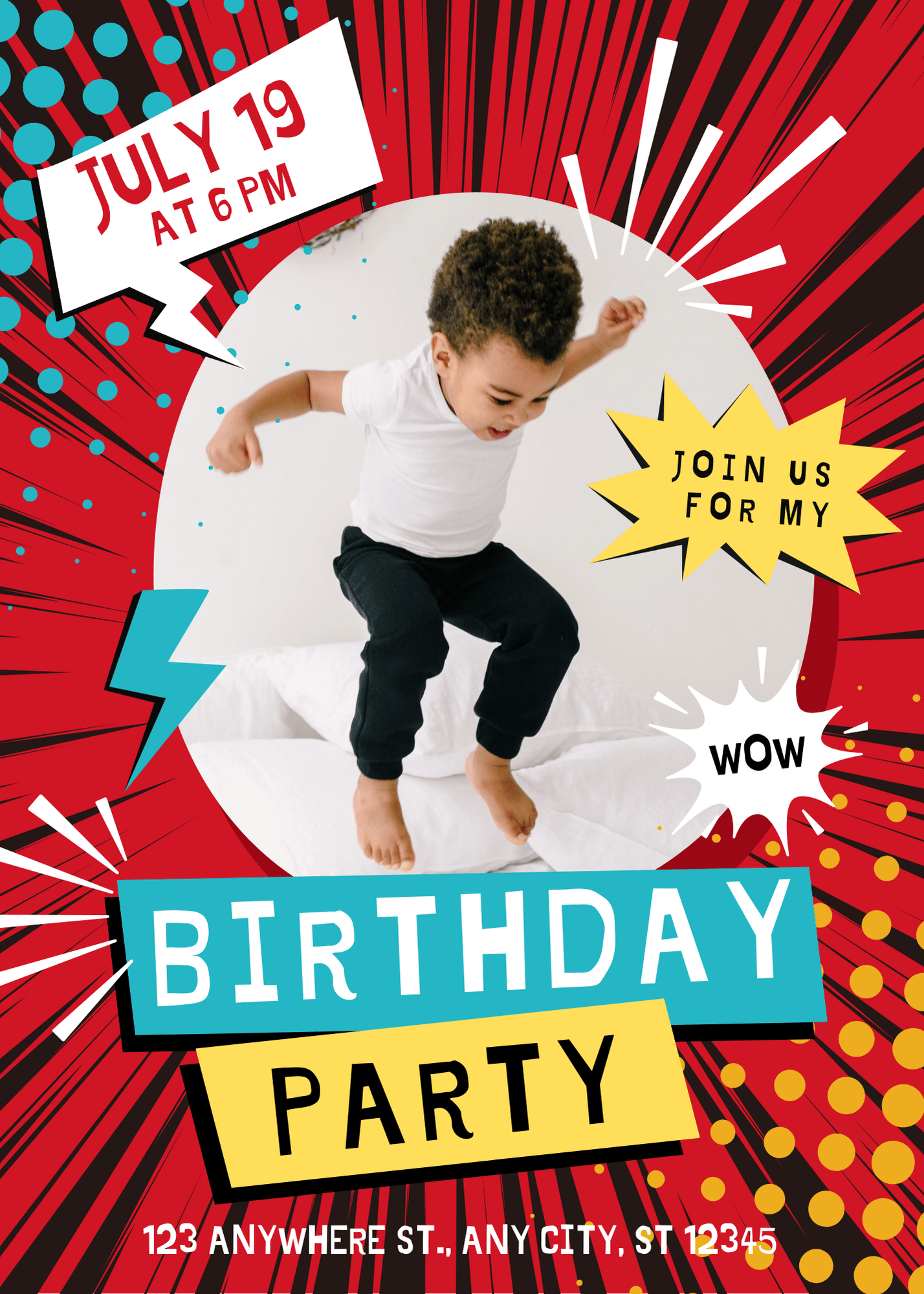 Fun Red and Yellow Funky Comic Birthday Invitation for Superhero Celebrations Gold Themed Invitation