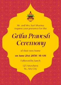Digital Invitation Bold Red and Yellow Illustrative Griha Pravesh Ceremony Invitation Luxury Celebration Invite