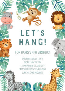 Birthday Cute Watercolor Greenery Tropical Animals 4th Birthday Photo Invitation Gold Themed Invitation