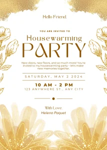 Gold White and Gold Floral Housewarming Party Invitation Exclusive Birthday E-Card