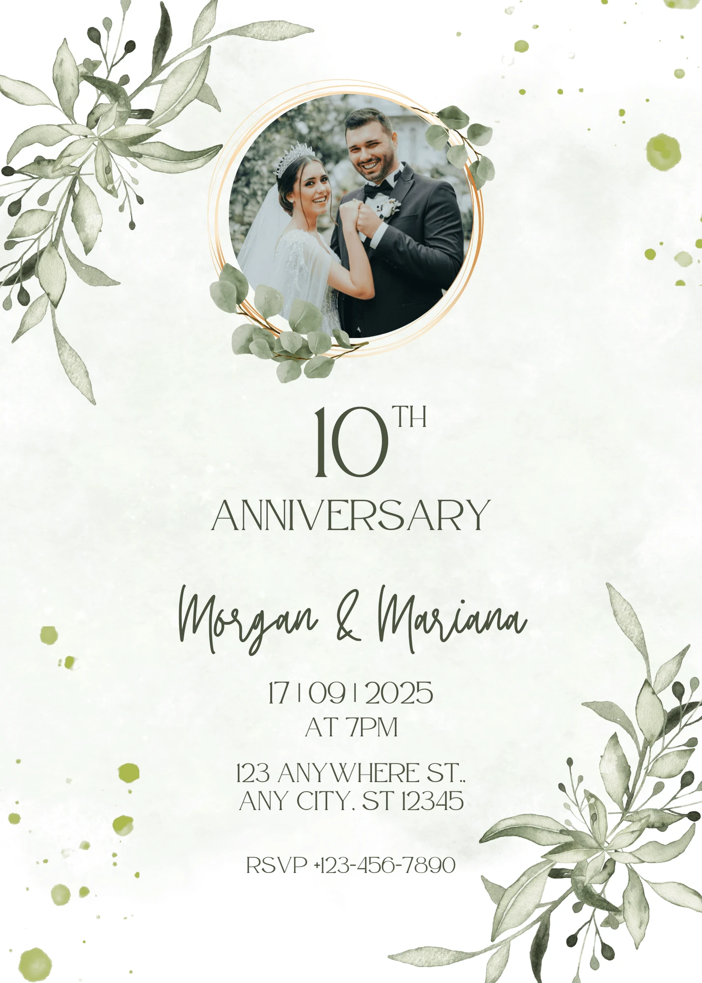 Digital Invitation Best White and Green Watercolor Anniversary Invitation Modern Party Invitation