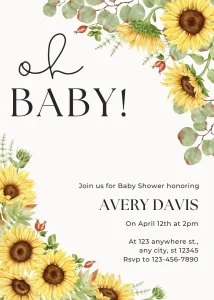 Digital Invitation Bright Yellow Sunflower Baby Shower Invitation Sophisticated Celebration E-Card