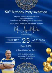 50th Birthday Party Invitation Eng Royal Blue Golden 04