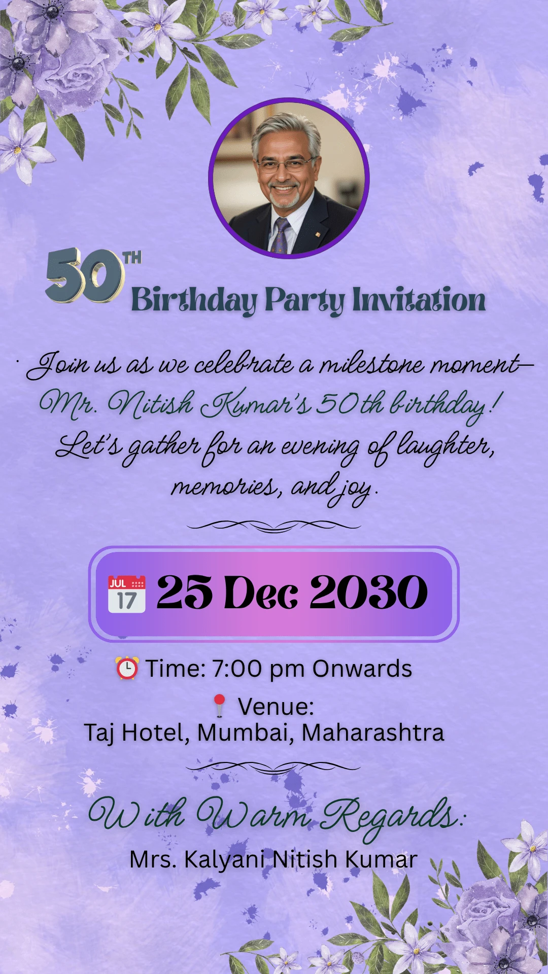 50th birthday party Invitation Purple Theme 711 – personalised 50th birthday card by InvitationGuru
