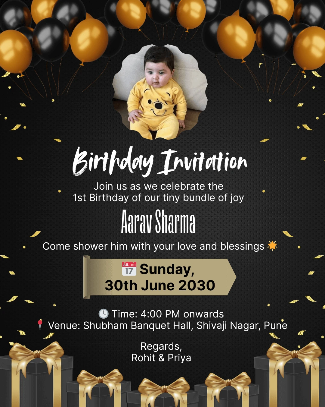 Birthday Invitation Black and Gold Modern 168 – personalised birthday card by InvitationGuru