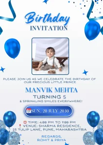 Birthday Invitation Blue and White Elegant 162