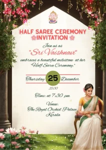 Half Saree Ceremony Invitation White Green Card 1122
