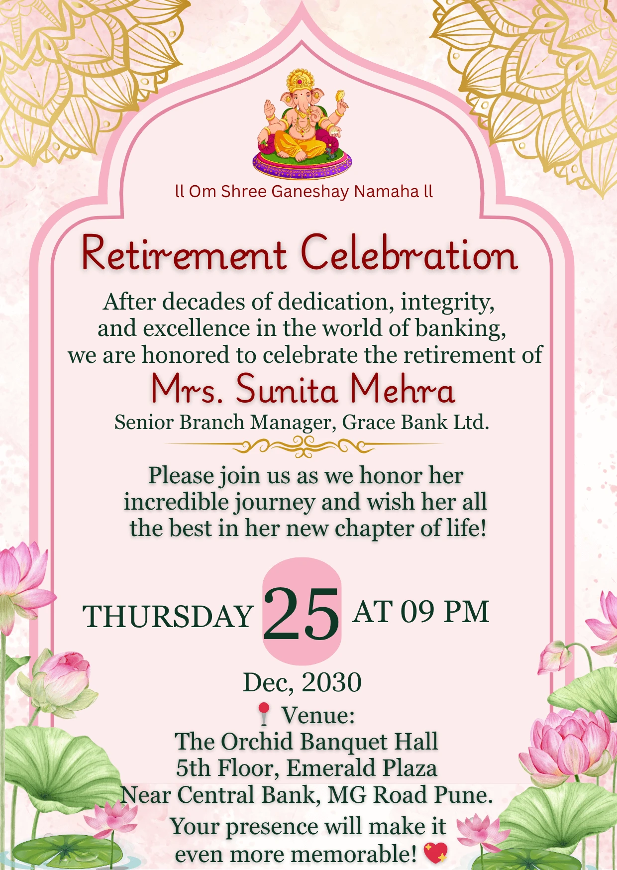 Retirement Celebration Eng Pink Lotus Them Card 05