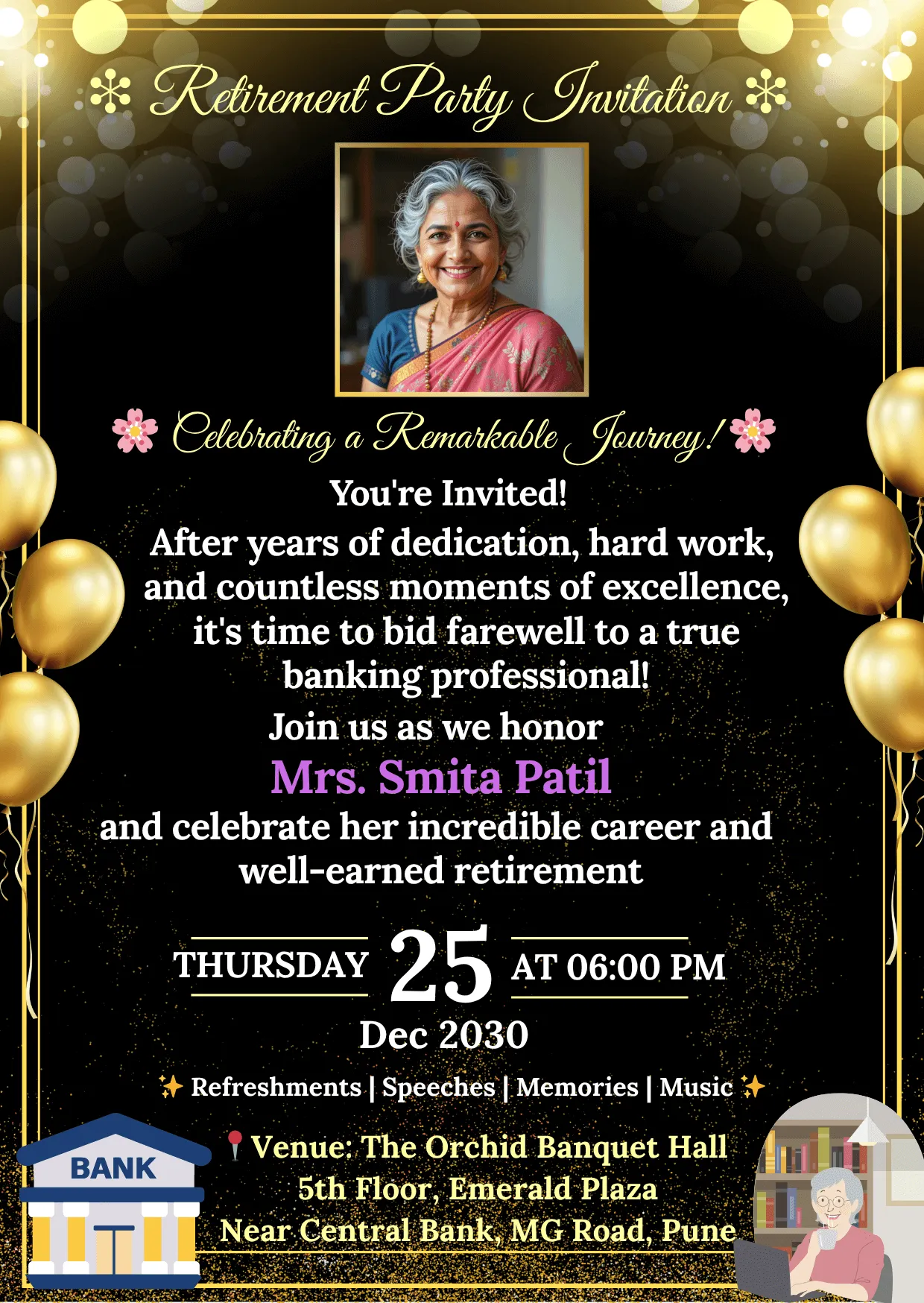 Retirement Party Invitation Black Golden Theme Card 04