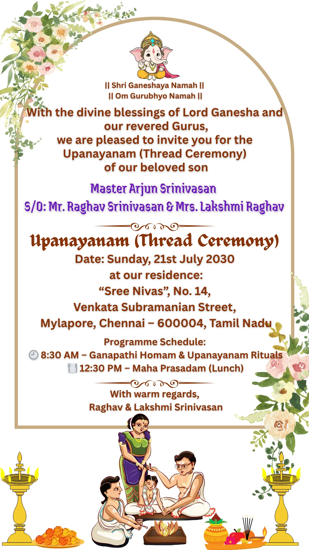 Upanayanam Thready Ceremony Eng Off White Theme Card 165 – personalised thread ceremony card by InvitationGuru