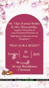 Half Saree function Vertical Magenta & Pink Flower - Traditional Half Saree Function Invite 01