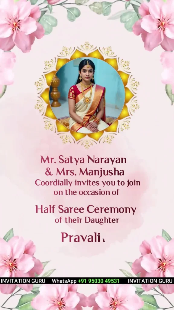 Half Saree Ceremony Pink Ekzara Flowers 02 – personalised half saree invitation video by InvitationGuru