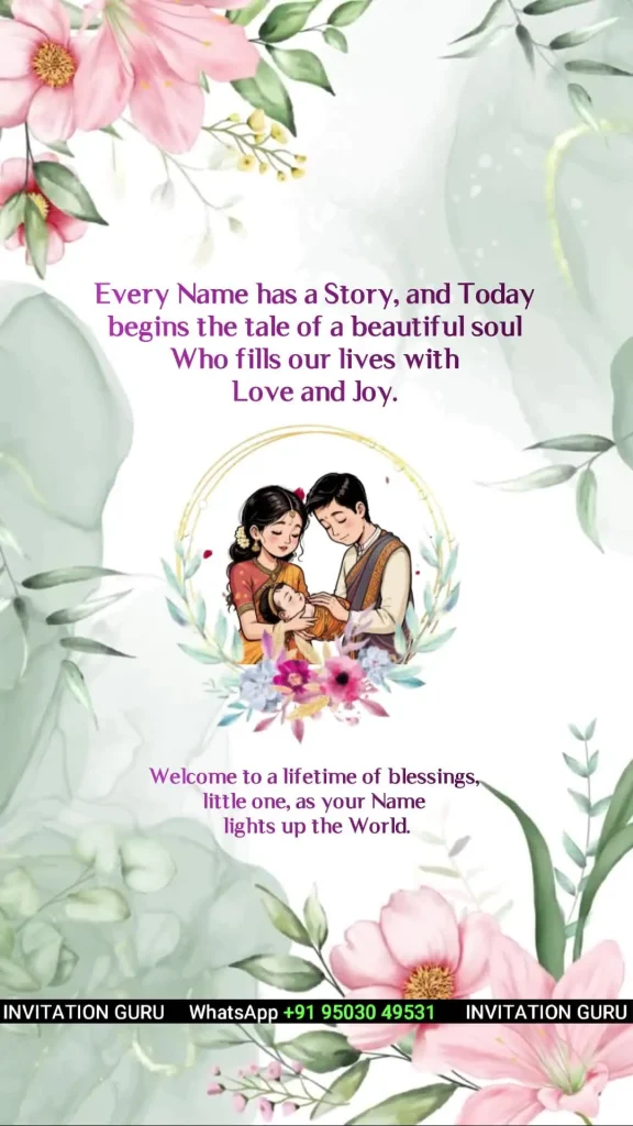 Name Ceremony Story Theme Green Marble & Pink flowers 04 – personalised naming ceremony invitation video by InvitationGuru