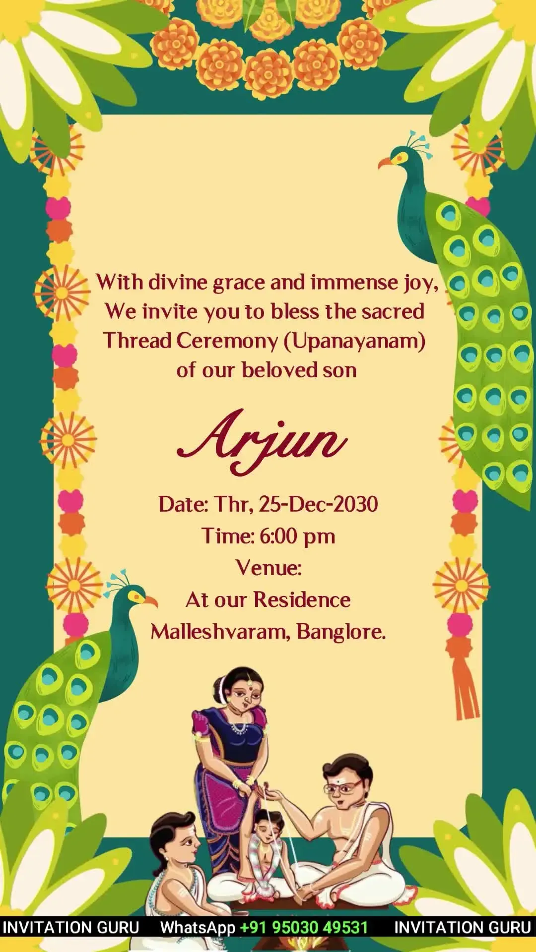 Thread Ceremony Coconut Tree & Peacock 02 – personalised thread ceremony invitation video by InvitationGuru
