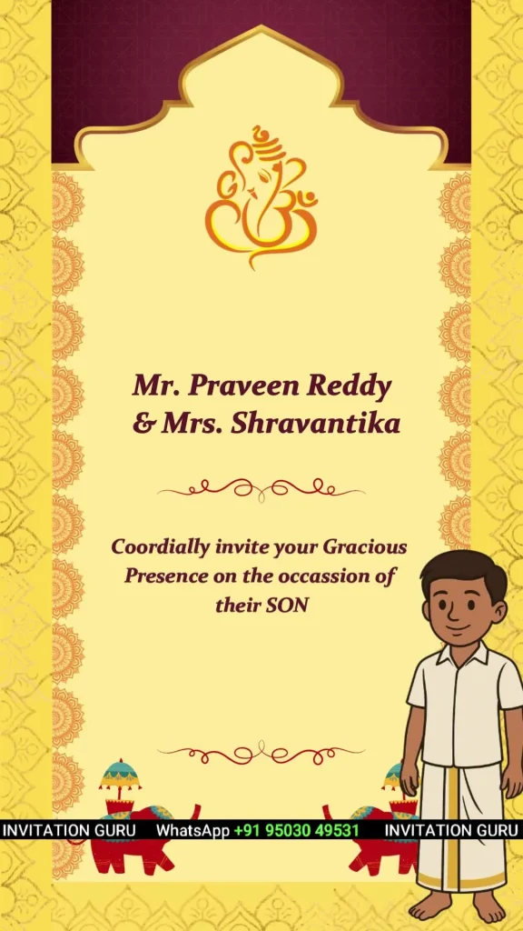 Half Dhoti Ceremony Yellow & Brown 01 – personalised half saree invitation video by InvitationGuru