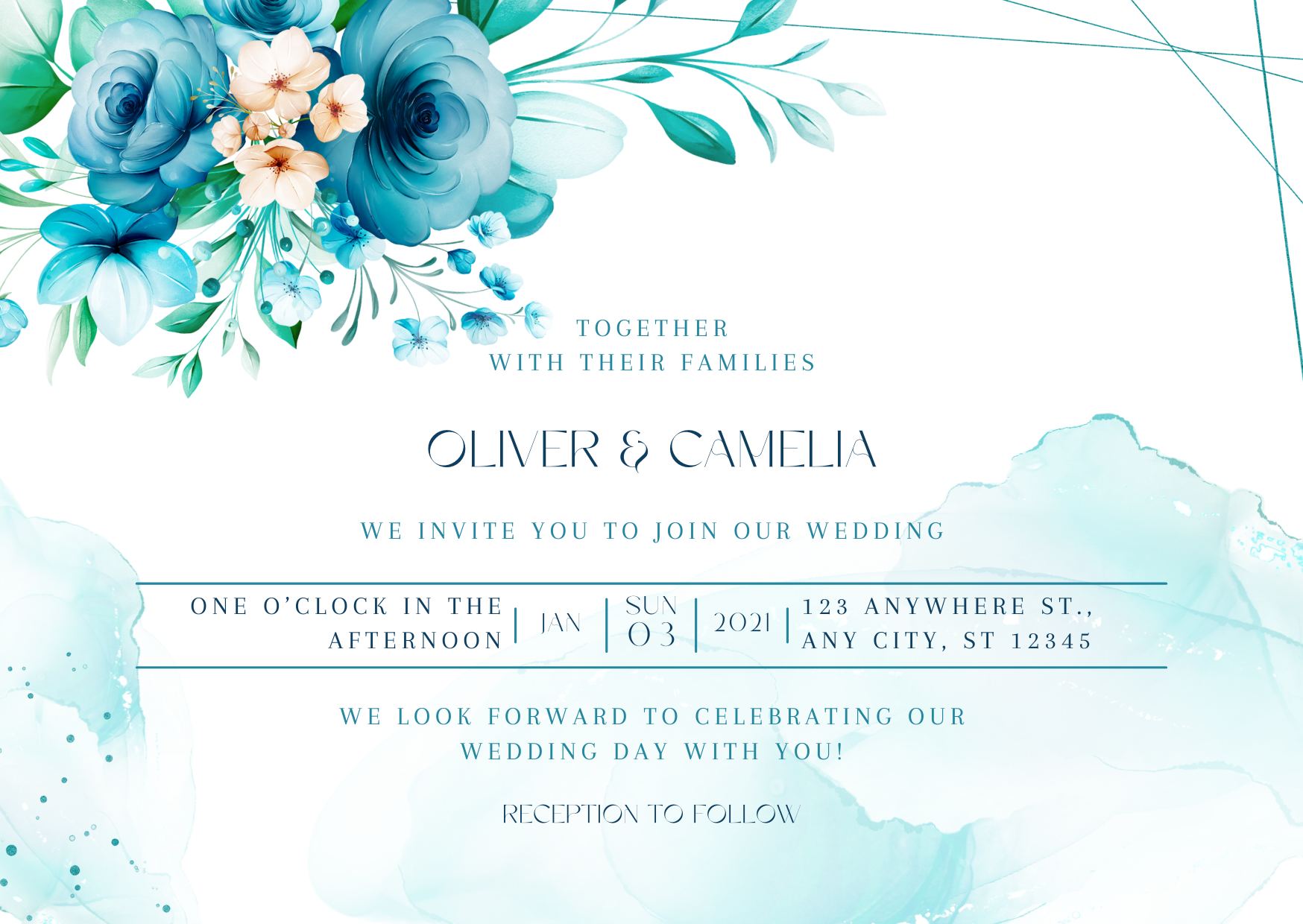 Blue Turquoise Watercolor Floral Wedding Invitation – personalised wedding card by InvitationGuru