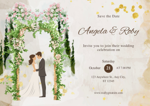 Green and Gold Watercolor Wedding Invitation Card