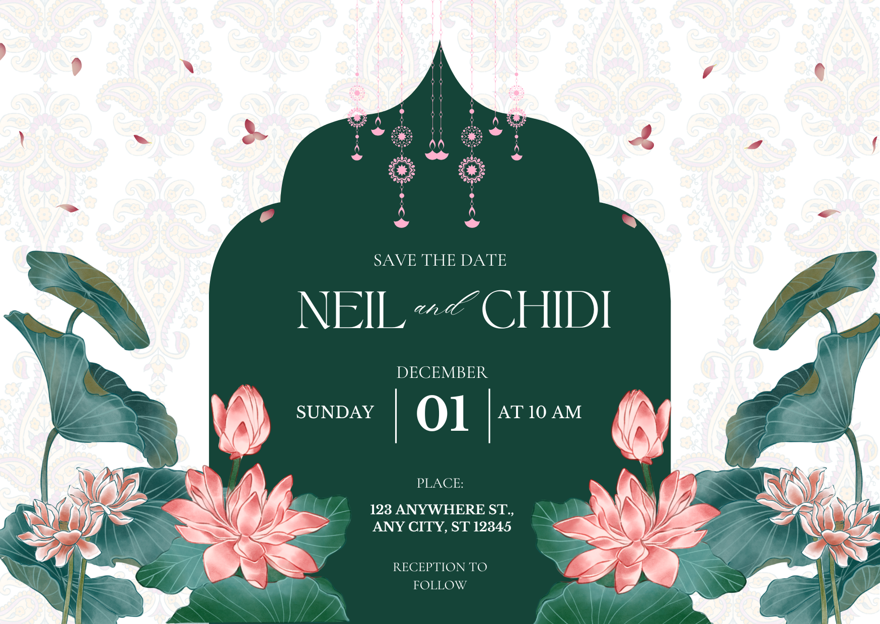 Green and Pink Floral Watercolor Decorative Wedding Invitation Card