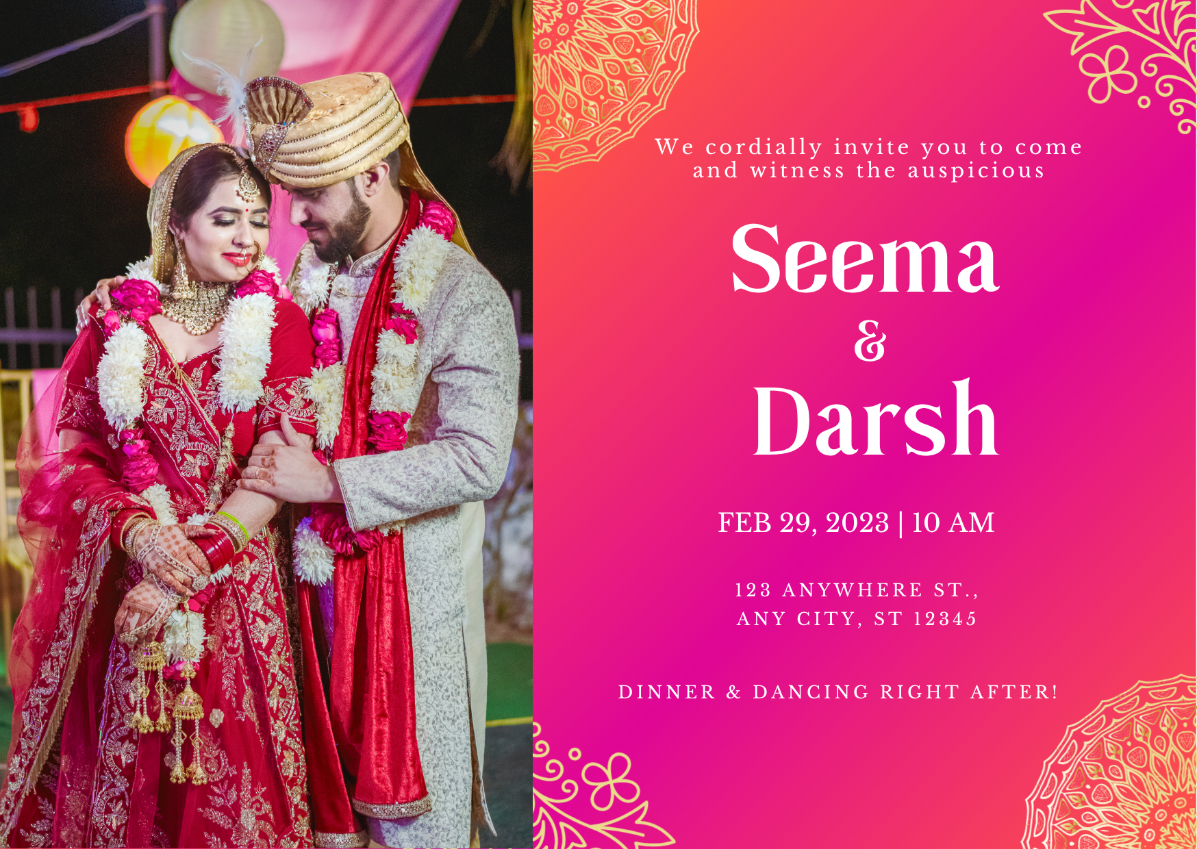 Pink and Orange Gradient Elegant Indian Wedding Invitation Card