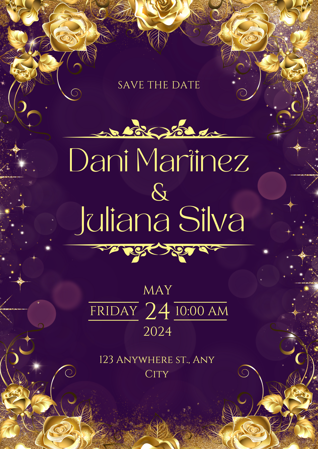 Purple & Gold Simple Wedding Invitation Card