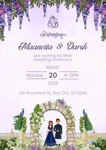 Purple and Green Floral Illustrated Indian Wedding Ceremony Invitation