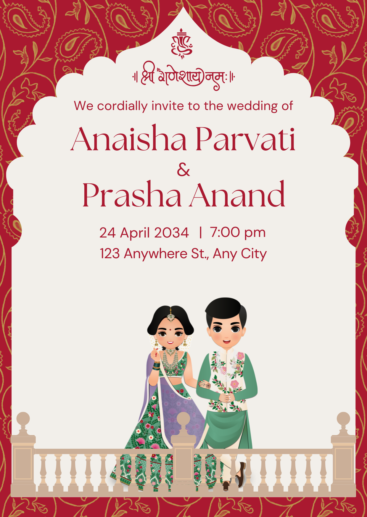 Red And White Illustrative Minimalist Indian Wedding Invitation – personalised wedding card by InvitationGuru