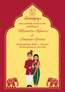 Red And Yellow Illustrative Indian wedding Invitation Card