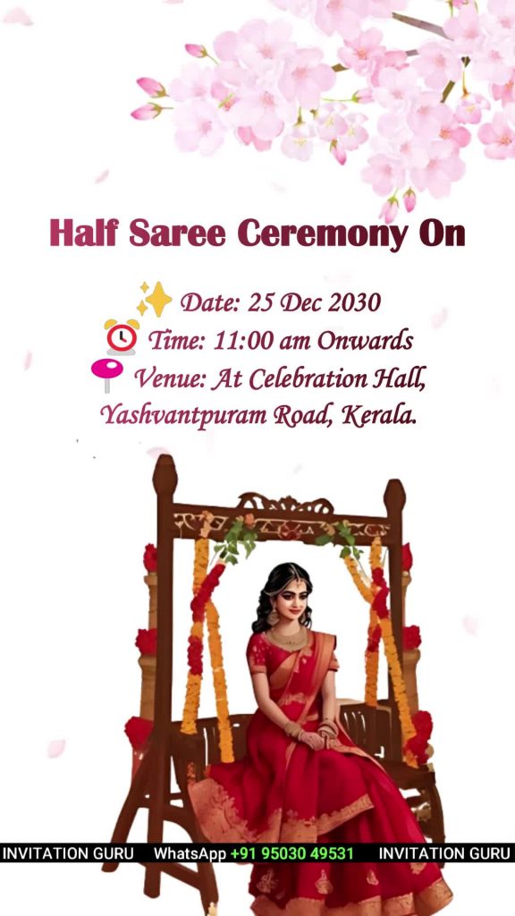 Half Saree Ceremony Invite - White Theme with Pink flowers - 1309 – personalised half saree invitation video by InvitationGuru