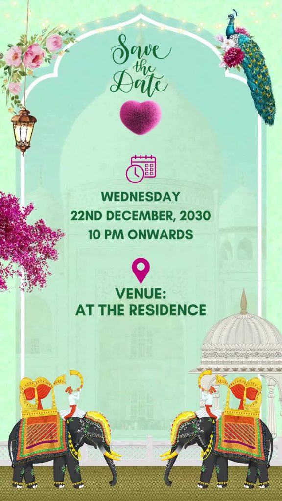 Pink Peacock Theme Wedding Video Invitation – personalised wedding invite in reels style invitation video by InvitationGuru