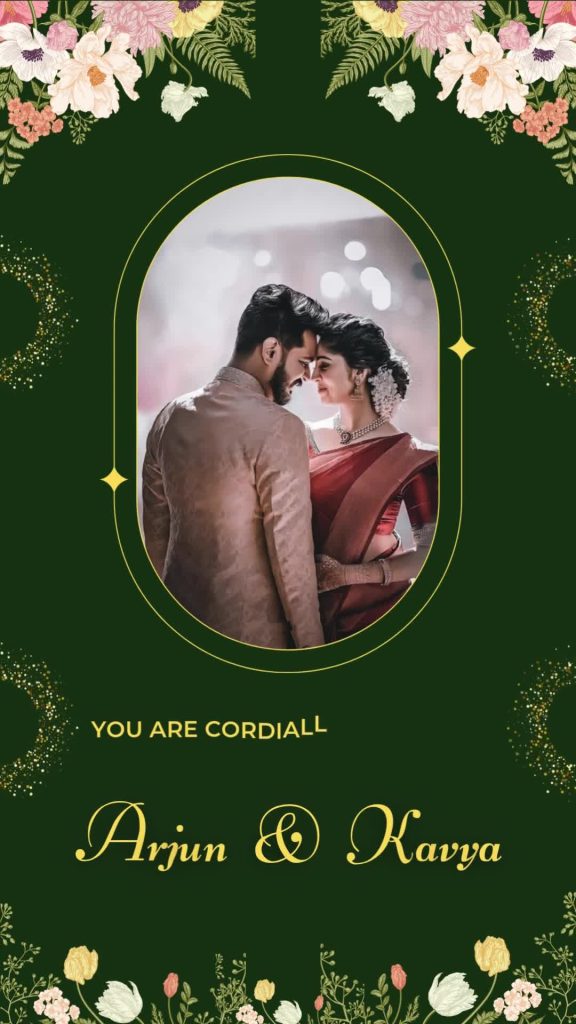 Green Color Peacock Theme Wedding Invitation – personalised wedding invite in reels style invitation video by InvitationGuru